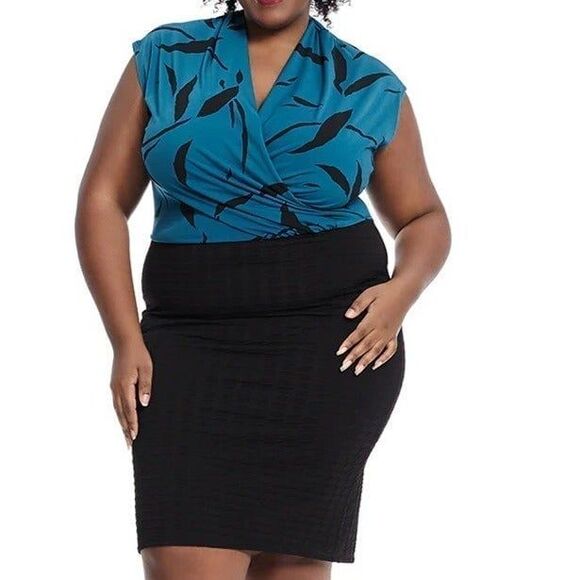 Leota sleeveless black and teal illusion dress Plus Size 2L (2X) - Picture 1 of 4